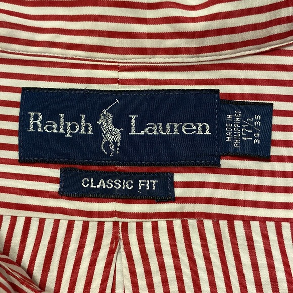 Ralph Lauren CLASSIC FIT STRIPED BUTTON DOWN SHIRT 17.5 34/35 RED WHITE EUC - Picture 5 of 6